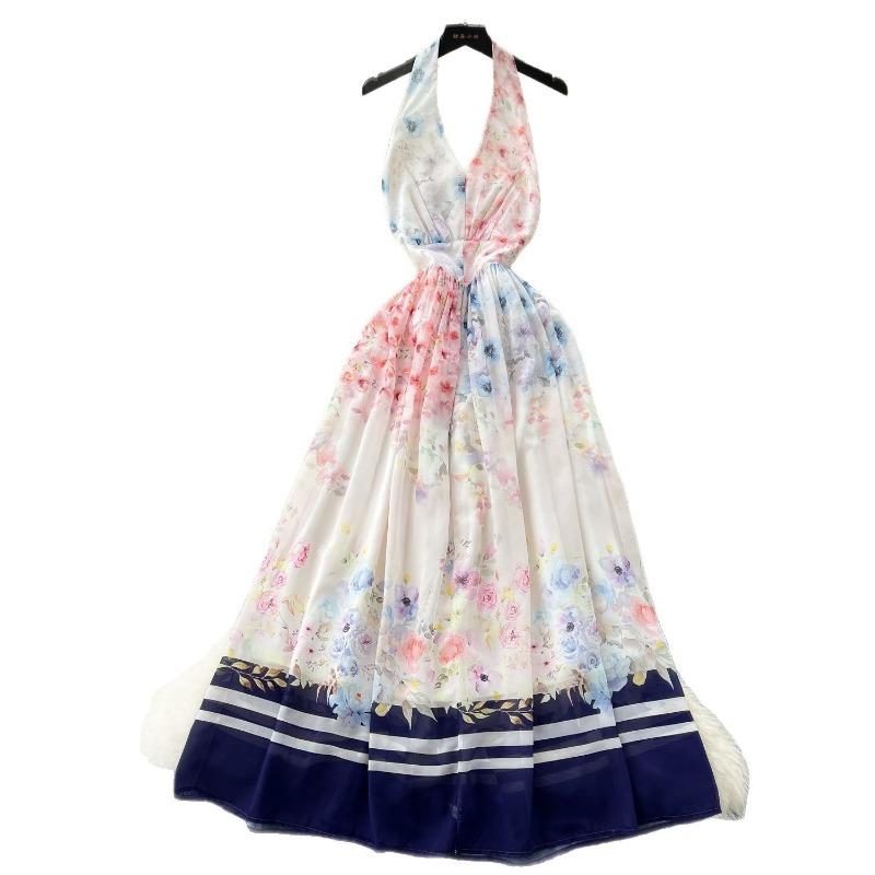 Sommerkleid Tailliertes Damenkleid Halsketten Rückenfrei Bedrucktes Kleid
