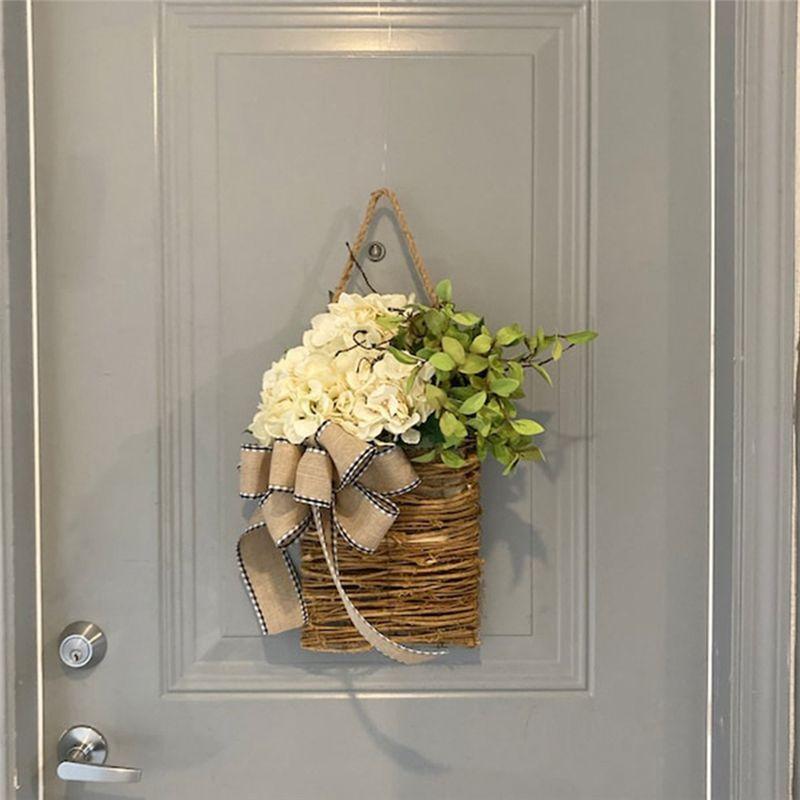 AEE4-Spring Wildflower Door Hanging Basket Wreath Spring Welcome Sign Easter Day For Front Door, Easter Decor