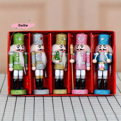 S-1/5Pcs Holiday Small Hanging Decoration 13CM Colorful Glitter Nutcracker Soldier Puppets Christmas Wooden Ornaments