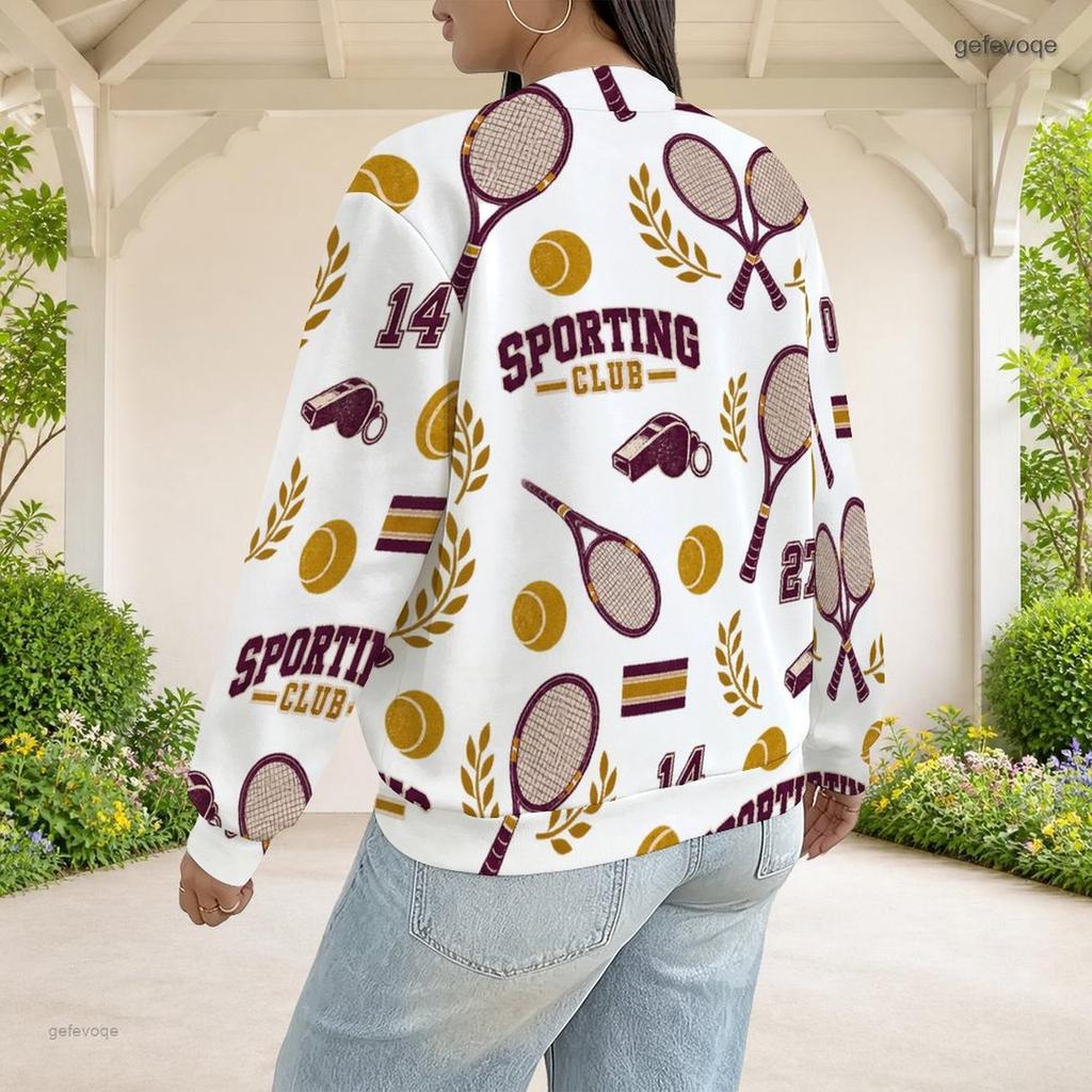Women Plus Size White Rose Printed Baseball Collar Long Sleeve Jacket With Pockets