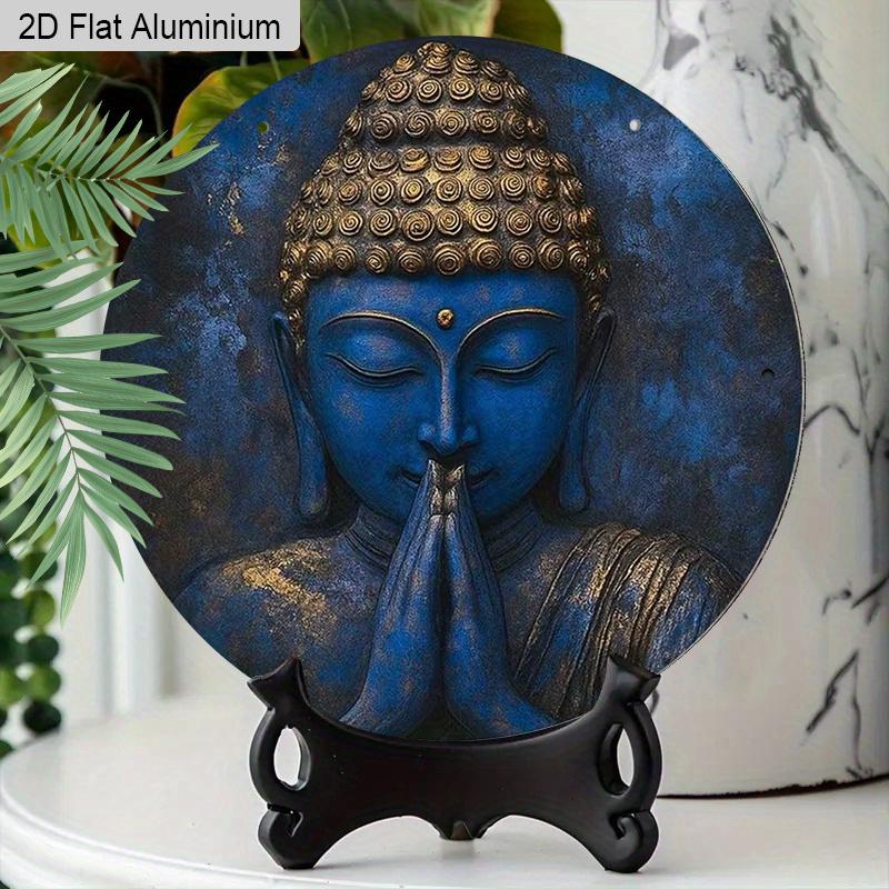 2D Flat Aluminum Vintage Blue Zen Buddha Putuo Round Metal Sign, Man Cave Wall Art Sign for Front Door, Zen Garden Accessories & Meditation Room