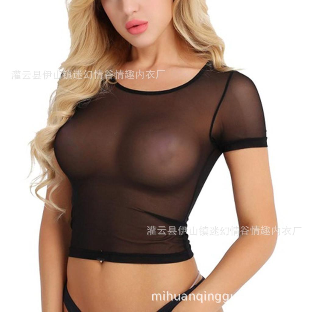 New erotic lingerie two-piece women's short-sleeved mesh see-through cropped top
