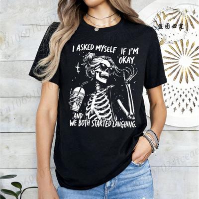 I Asked Myself If I'm Okay Skeleton T-Shirt for Women Unisex Funny Skeleton Graphic Tee Casual Short Sleeve Streetwear Tops