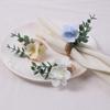 6Pcs Boho Napkin Rings Fabric Flower Faux Eucalyptus Leaf Napkin Holders Rustic Wooden Napkin Rings for Wedding Bridal Shower Dining Table Decor