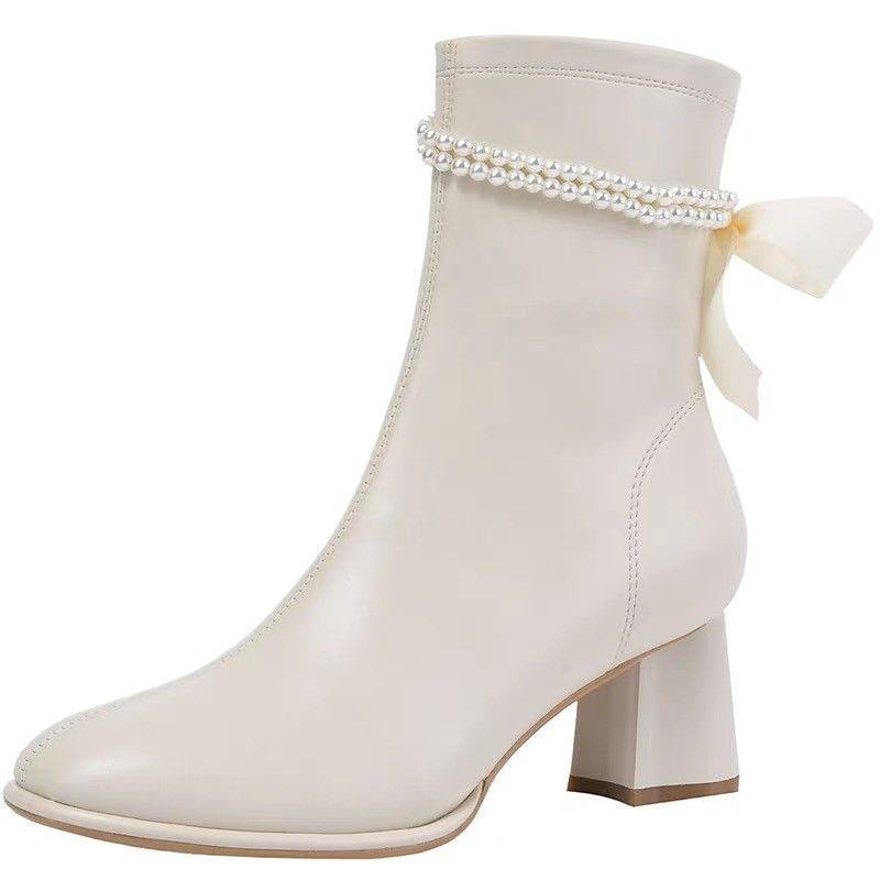 Black High Heels Footwear Mid Calf Elegant Heeled Shoes for Women Ladies Boots White Half Leather On Promotion Fashion 2025 Goth