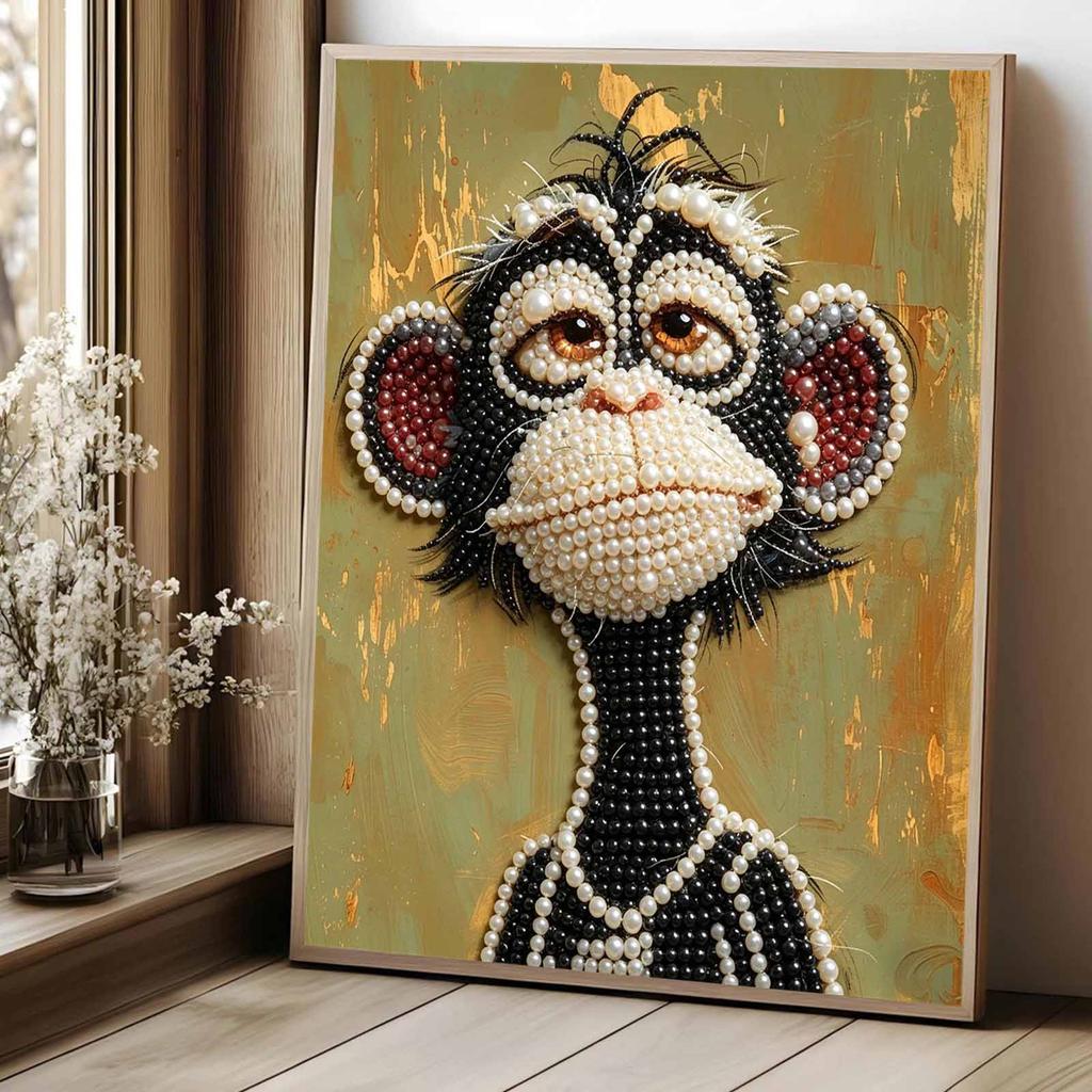 Stretched Frame Pearl Art Kit Cute Chimpanzee DIY Sparkling Bead Canvas Relaxing Hobby Gift for Craft Lovers Creative Home Decor Project