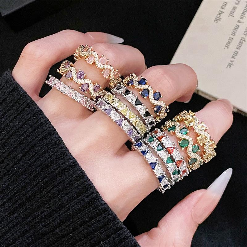 Color Treasure Diamond Opening Ring Niche Design Light Luxury High Sense Personality Fashion Super Fairy Zircon Row Diamond Ring Woman