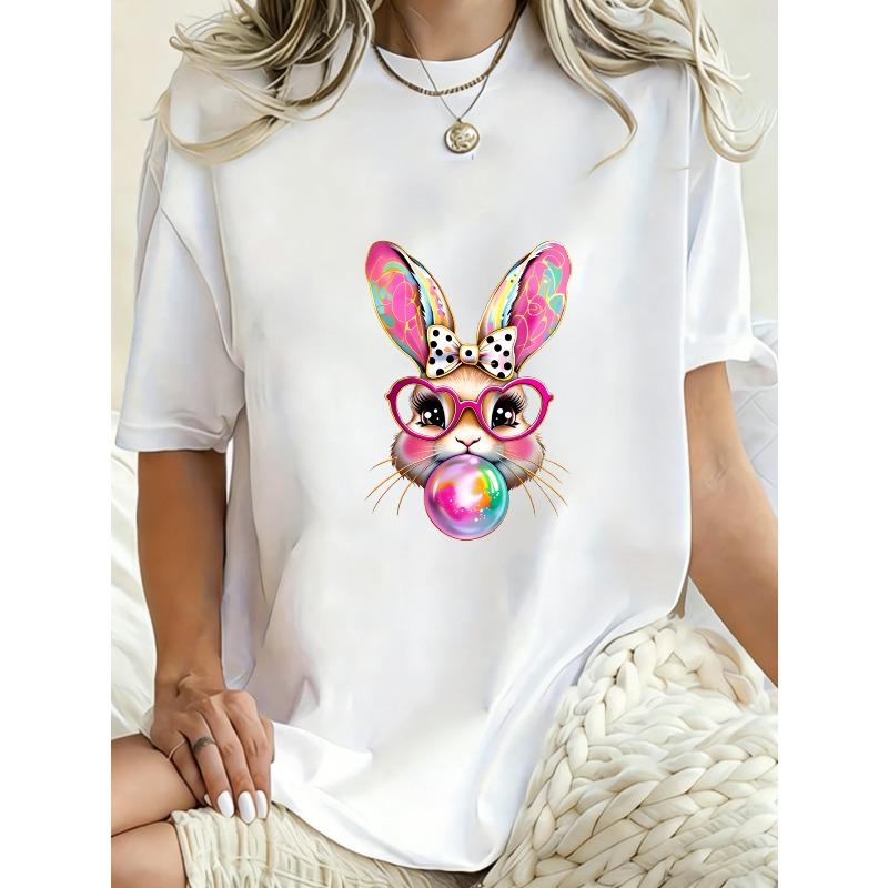 Oversized T Shirt Black Bunny With Glasses And Bubble Gum Print Casual Wear For Women