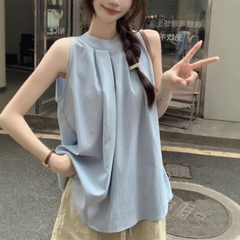 Women's New Summer Style Light Blue Halterneck Off-shoulder Sleeveless Vest Loose Casual Top