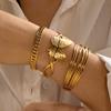 Stainless Steel Hollow Butterfly Cuff Bangles For Women Vintage Multilayer Cross Lines Cuban Chain Metal Bracelet Party Jewelry
