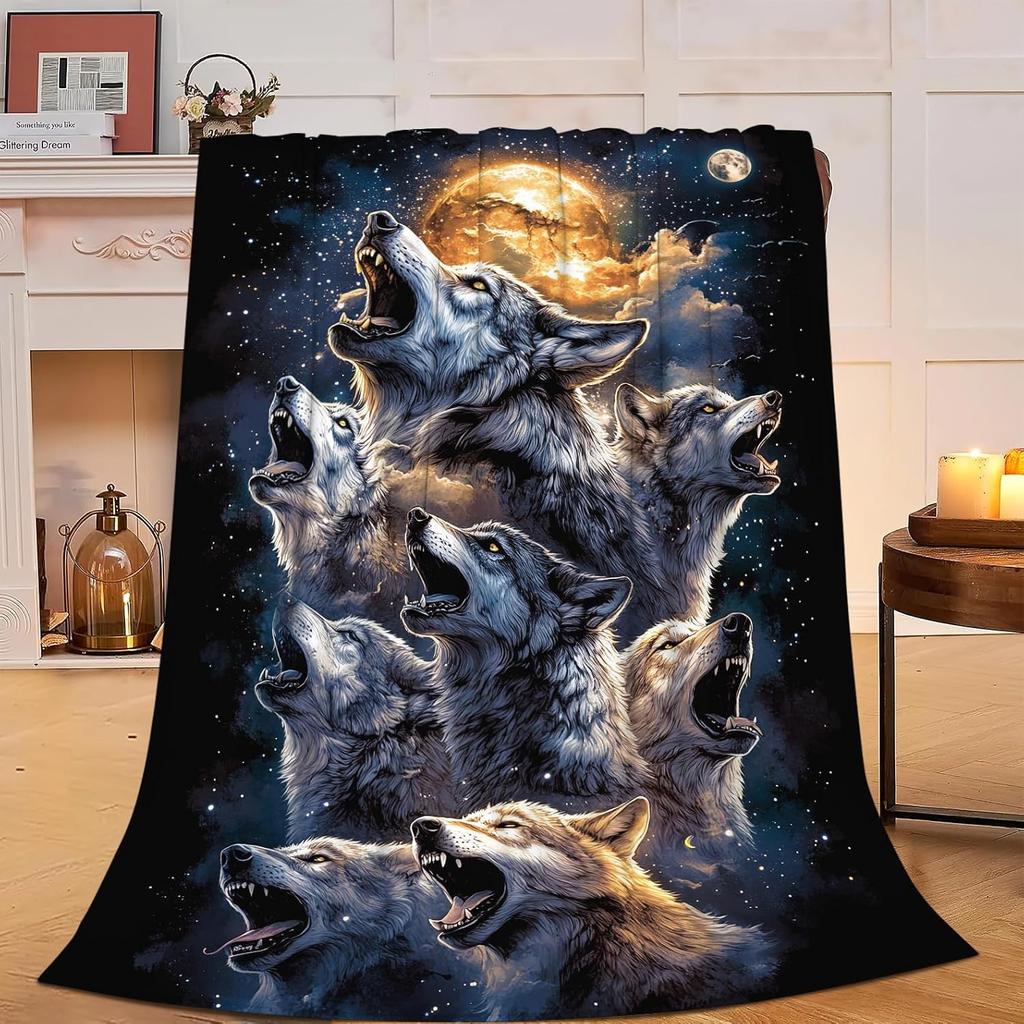 Howling Wolves Moon Night Sky Blanket Artistic Wildlife Print Soft Fleece Throw Home Decor Gift for Nature Lovers