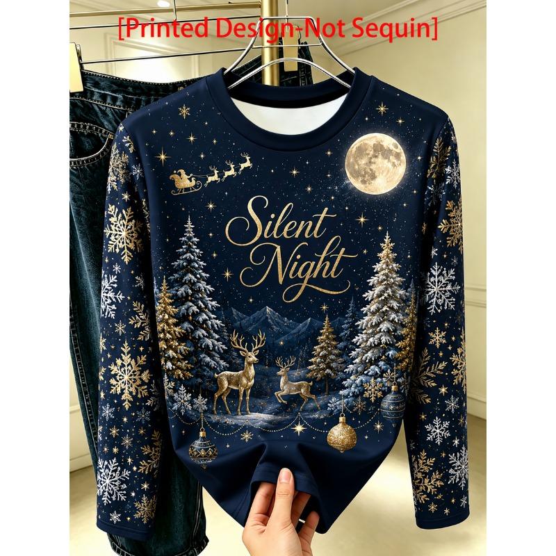 Women's elegant long sleeves, Christmas starry sky, elk and snowflake print, round neck bottoming shirt, perfect for daily commuting