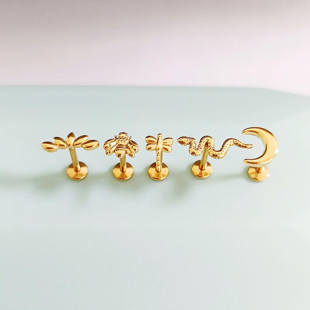 ASTM F136 G23 Titanium Snake Bee Drop Threadless Piercing Moon Cross Push In Labret Stud Flower Leaf Pin Daith Conch Earring 16G