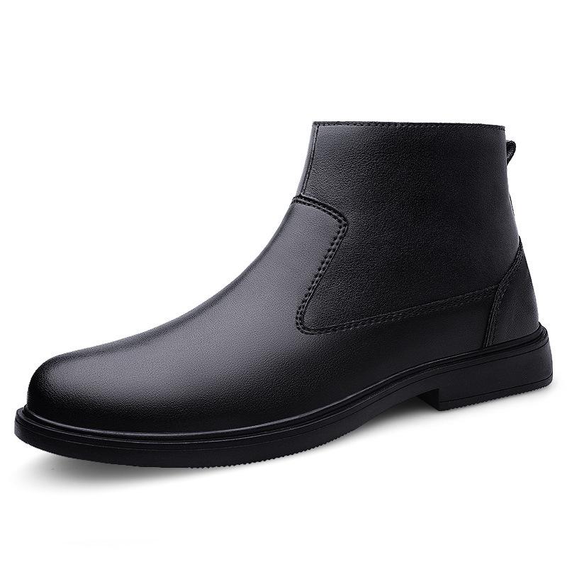 Cross-border Men's High-Top Leather Boots, Autumn/Winter, Slip-on Cowhide with Side Zipper, Large Size, Plus Velvet Warm Cotton.