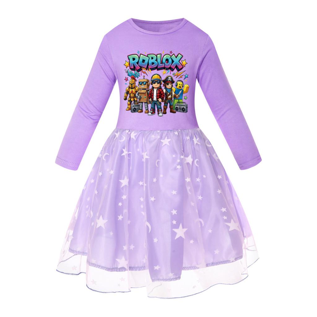5574 Kid Girls Casual Roblox Game Printed Mesh Rainbow Dress