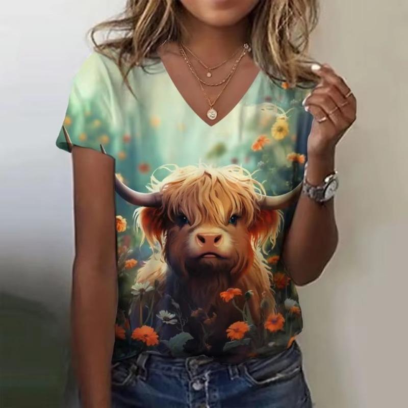 Cute Girl 3D Print Women's T-Shirts Top Casual Short Pullover Sleeved V-Neck Plus Size Tee Shirt Female Everyday Clothing