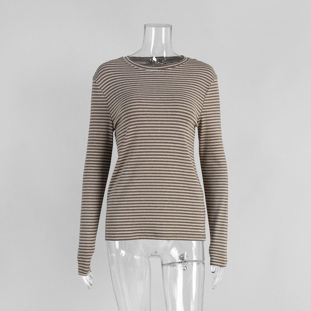 T-shirt Base da Donna a Maniche Lunghe a Righe Girocollo Slim Fit in Cotone per Autunno Inverno, Maglietta Intima Casual da Pendolare