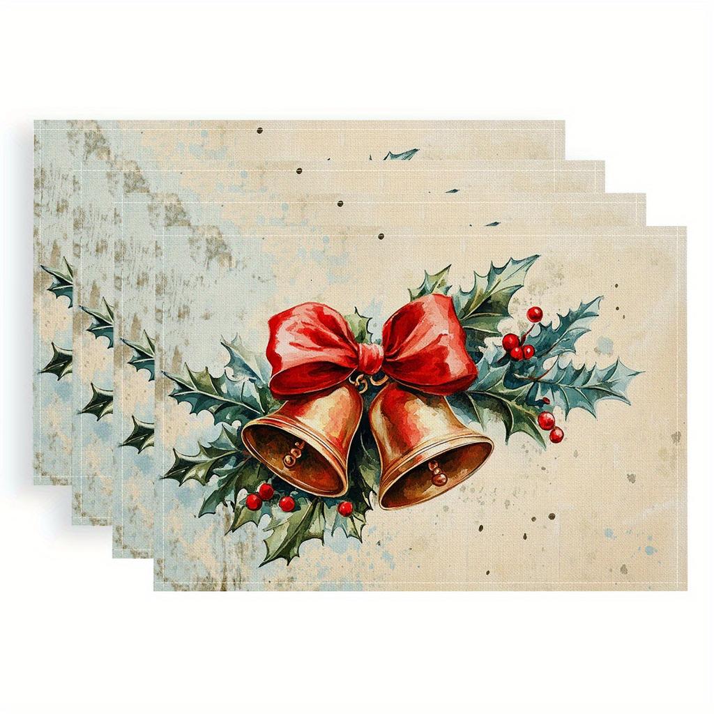 4pcs Vintage Christmas Placemats Festive Bell and Holly Design, Warm Holiday Aesthetic Polyester Fabric 18x12 Inches