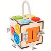 6 Sided Multifunctional Busy Box Recycled Wood Educational Toy for Youngsters 3+ Years, Hand Eye Coordination,Shape/Color Recognition Training
