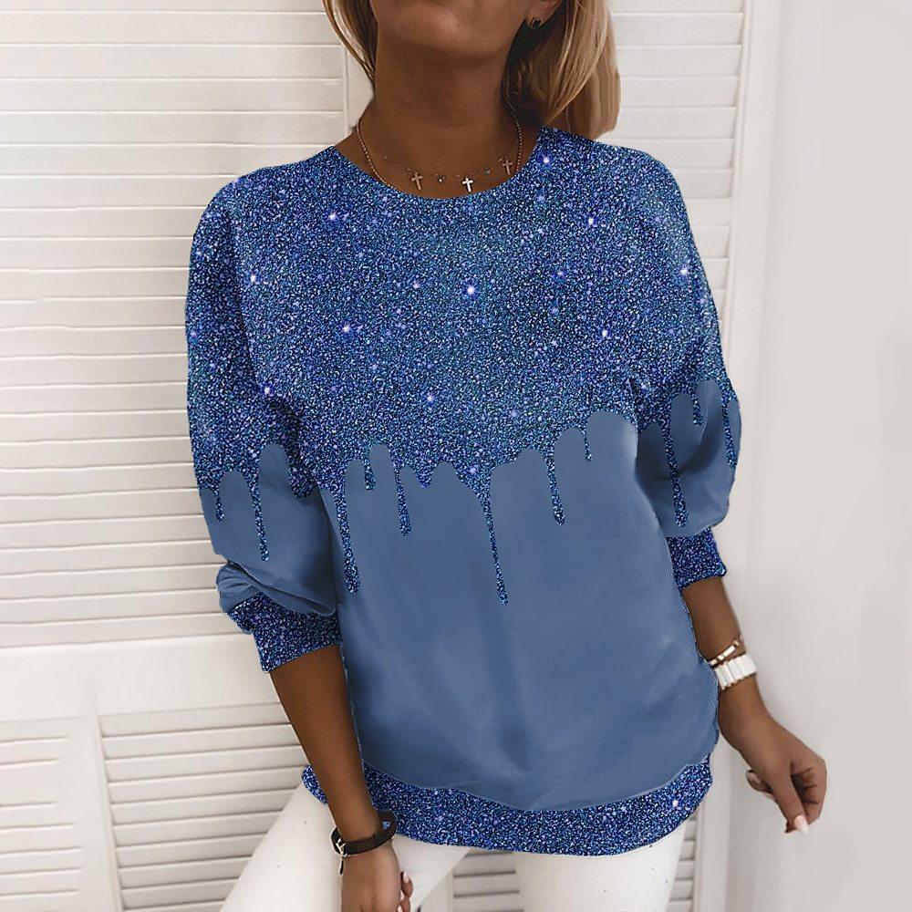 

Круглый вырез 3D сверкающий принтованный топ модные повседневные длинные рукава женские футболки L