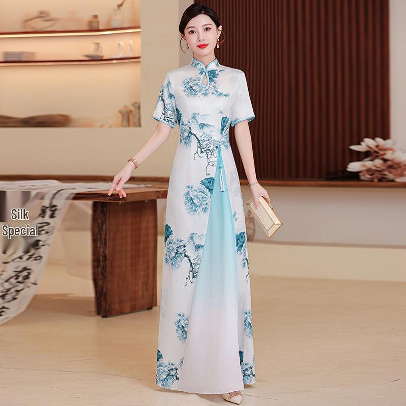 2025 Retro Chinese National Style Ao Dai Print Cheongsam Dress: Short Sleeve, Long Design for Women