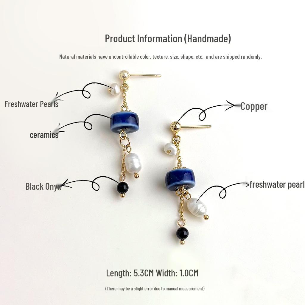 Handmade Blue Ceramic & Freshwater Pearl Tassel Earrings - Vintage Ethnic Style Jewelry for Women