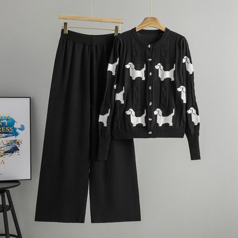 Autumn/Winter Versatile Dog Jacquard Cardigan + Long Pants Set One Size чёрный