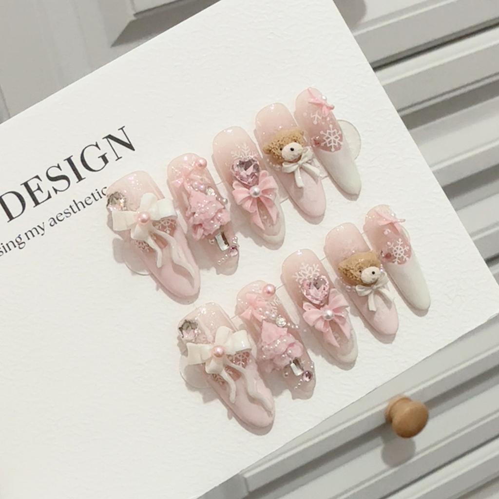 10Pcs Christmas Bear Design Press On Nails Easy To Apply and Remove Fake Nails for Party