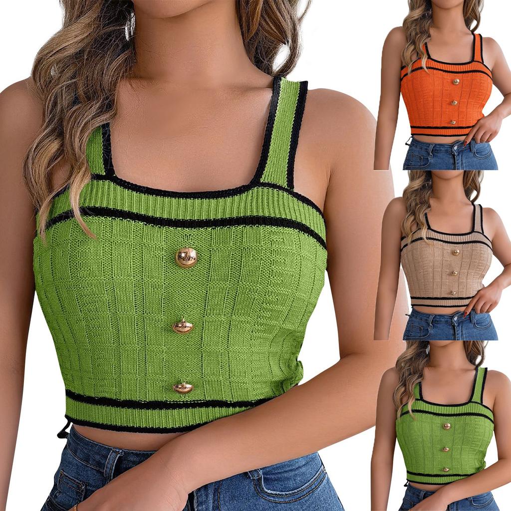 Women's Fashion Casual Contrast Color Square Neck Button Bare Navel Sleeveless Sweater Vacation Top