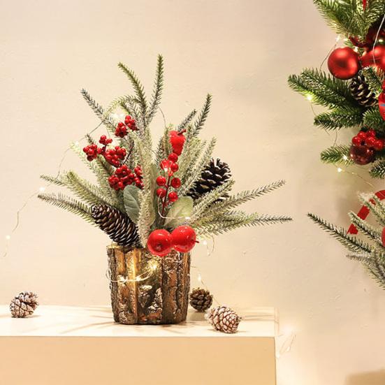 Christmas Artificial Snowy Pine Branches with Vase Faux Pine Cone Berry Arrangement Vintage Faux Cedar Greenery Picks for Home Indoor Fireplace Mantel
