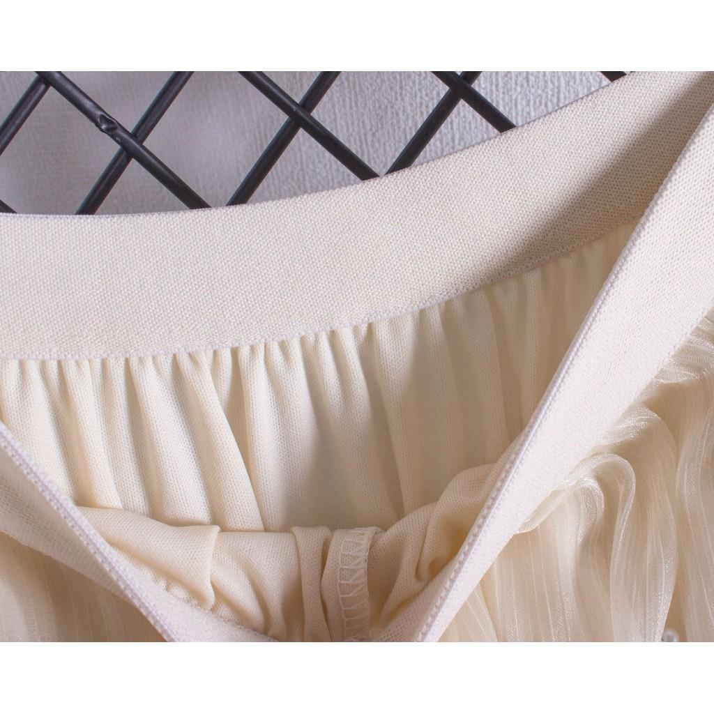 Qooth Women A Line Bead Chiffon Skirt Wide Hem Mid  Length Elastic Waist Slim Casual Skirt QT2650