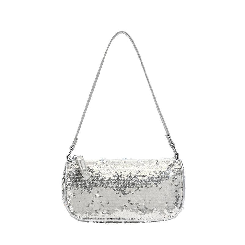 Pvc Silver Shoulder Bag With Glitter Sequins For Nightclub And Daily Fashion