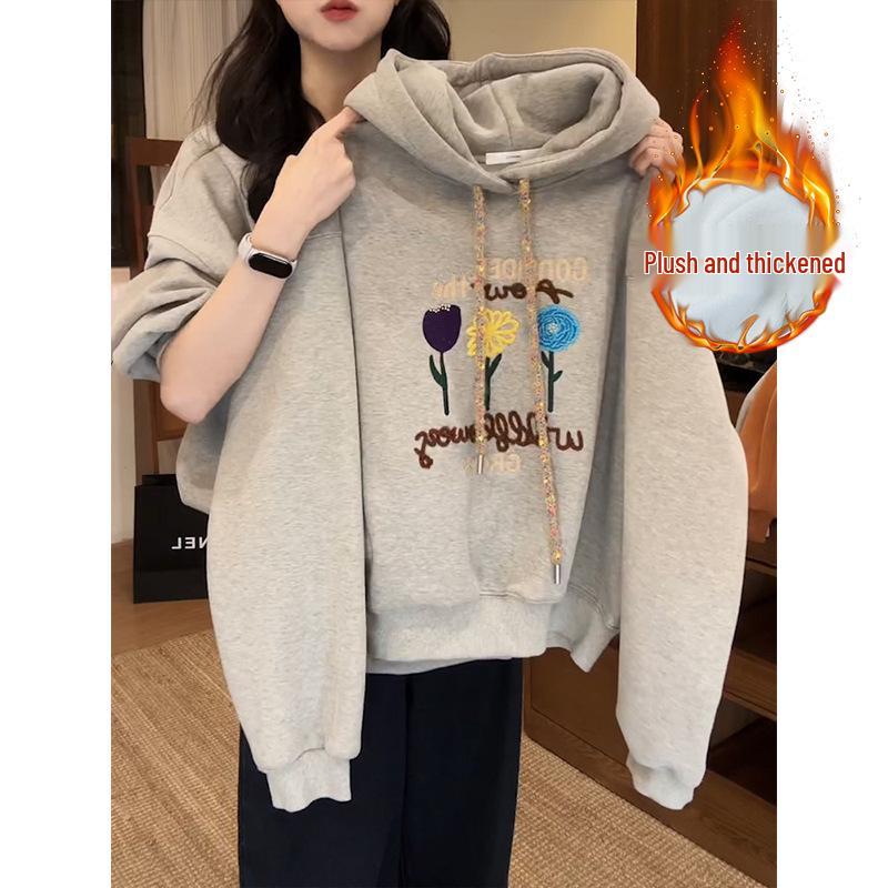Women s Plus Size Chinese Cotton & Arctic Fleece Embroidered Floral Hoodie - Autumn/Winter Warm Top Size 4