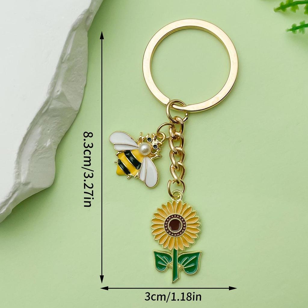 Personalized Pearl Bee & Sunflower Honeycomb Keychain Charm