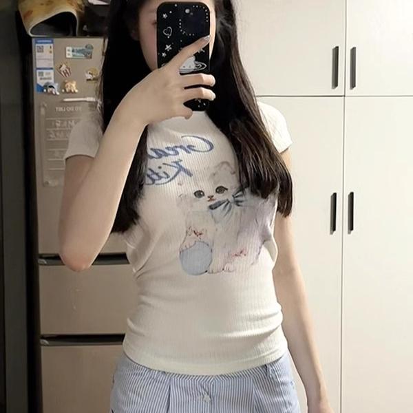 Summer Cotton Women's T Shirt Cute Cartoon Print Casual Slim Fit Round Neck Short Sleeve T-Shirts Harajuku White Y2k Top