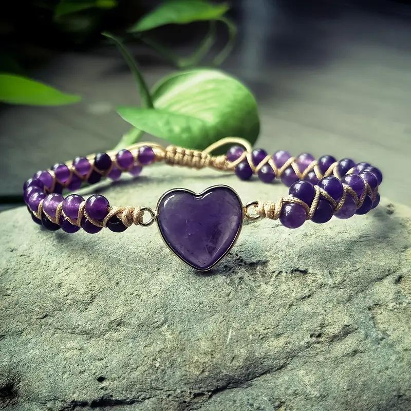 Colored Gemstone Braided Bracelet, Bohemian Vacation Bracelet, Women's Adjustable Bracelet, Gift for Girls, Heart-shaped Gemstone Bracelet