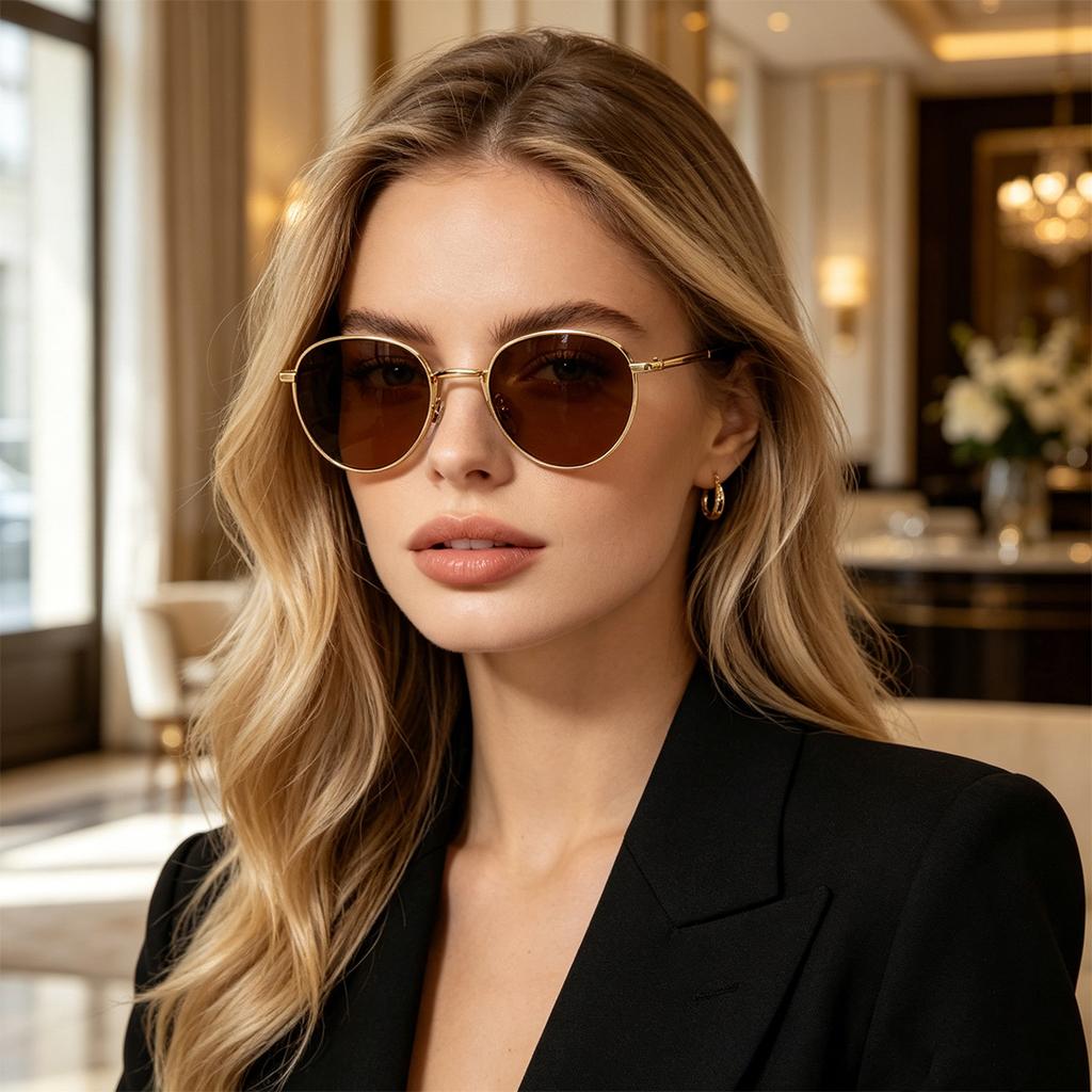 New light luxury round metal sunglasses men's and women's gold thin frame retro literary and versatile trend glasses