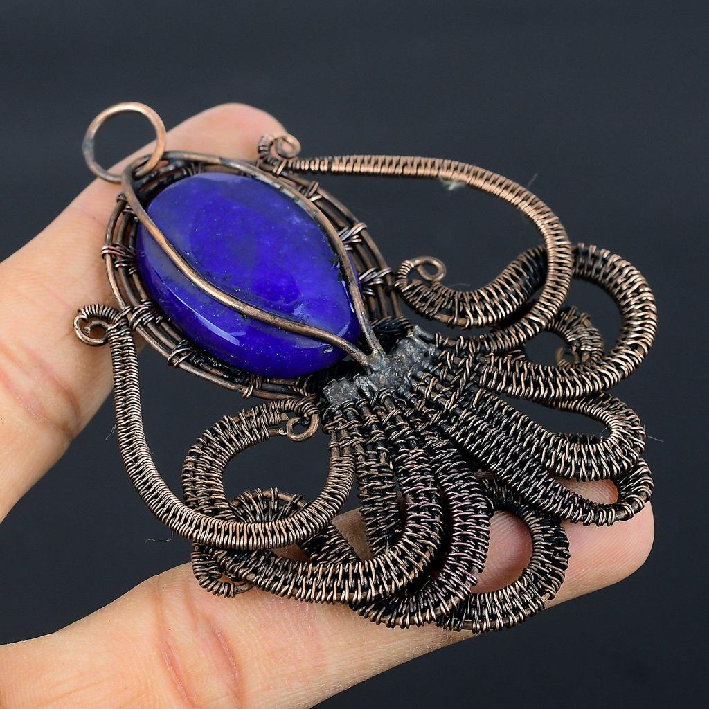 Blue Sapphire Pendant, Handmade Gemstone Pendant, 999 Copper Wire Wrapped Pendant Antique Jewelry, For Engagement Gift