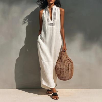 Europe, America, Summer White Sleeveless Hollow V-neck Dress, Holiday Style Loose Dress