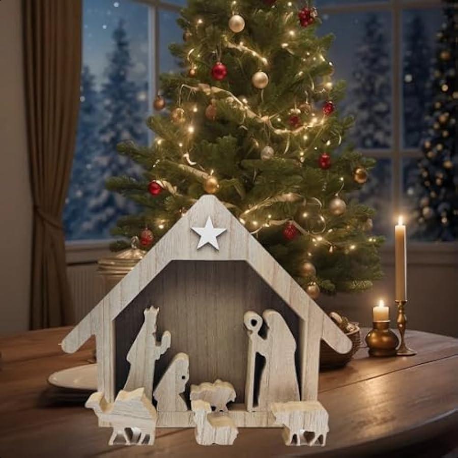 Wooden Nativity Scene Sets of 8 Christmas Indoor Decor Wooden Hand Painted Holy Family Figure Religious for Home Jesus Office D