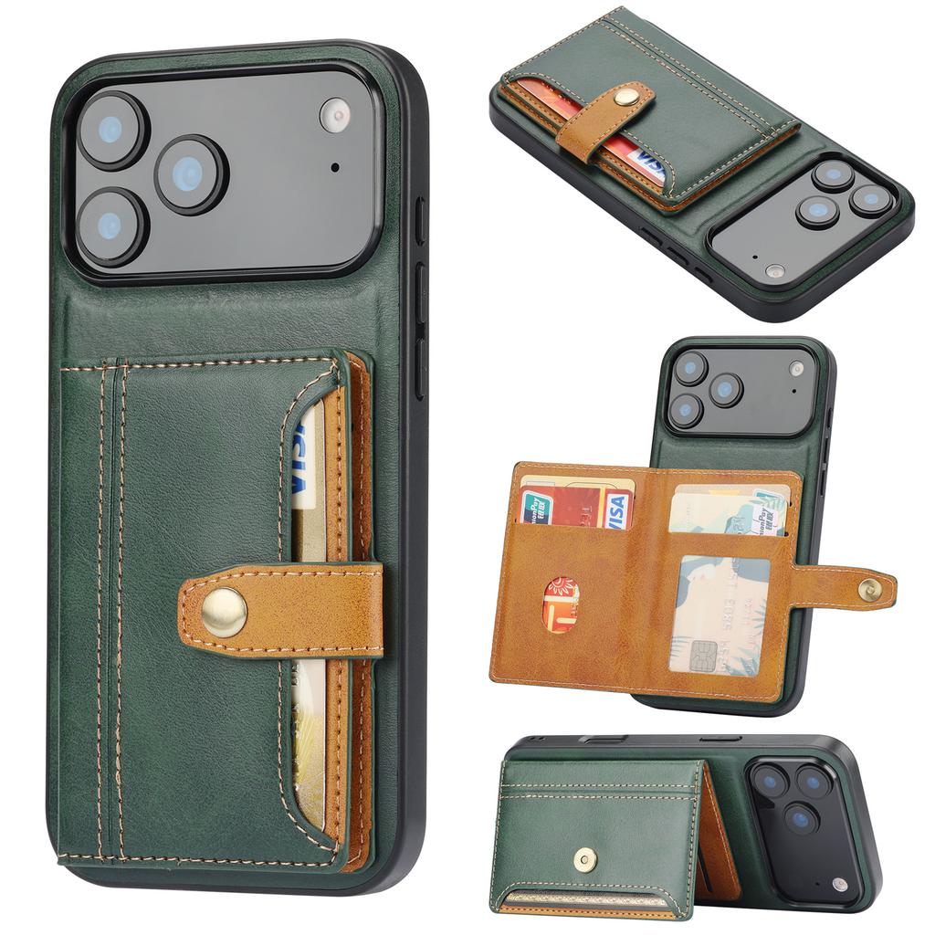 For iPhone 17 Pro Max Case Calf Texture Card Holder PU Leather+TPU Kicsktand Phone Cover