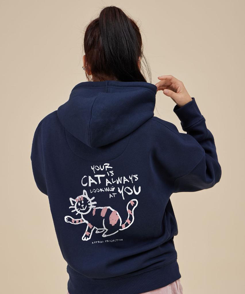 Doodle Cat Oversized Wide Shoulder Hoodie_Navy