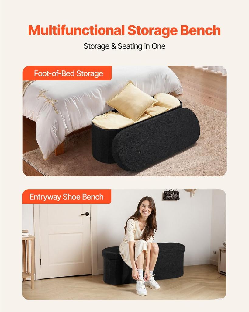 Oval Storage Ottoman Bench, Foldable Teddy Fleece End of Bed Bench, Folding Upholstered Bed Ottoman Chest with Large Storage Space, Supports 660 lbs,