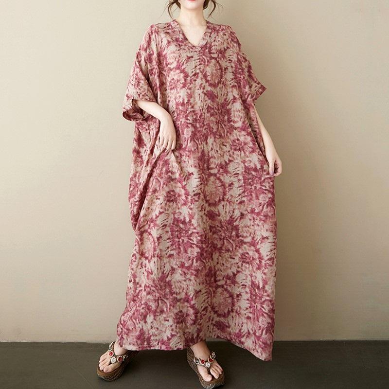 Short Sleeve Plus Size Cotton Vintage Floral New In Dresses for Women Casual Loose Maxi Long Summer Dress