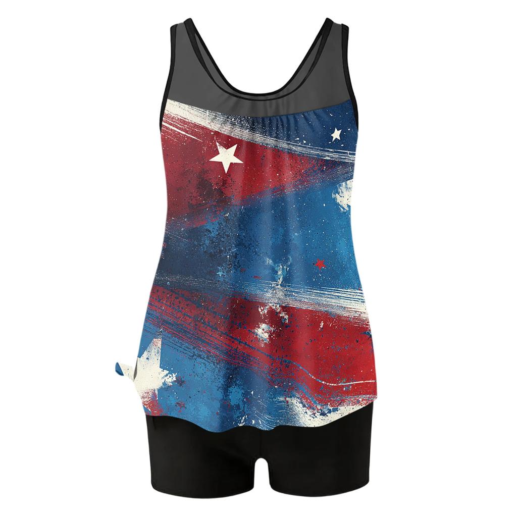 Women’s Two Piece Tankini Set with Sleeveless Scoop Neck Printed Top and Shorts Swimwear for Summer Beach Pool Wear