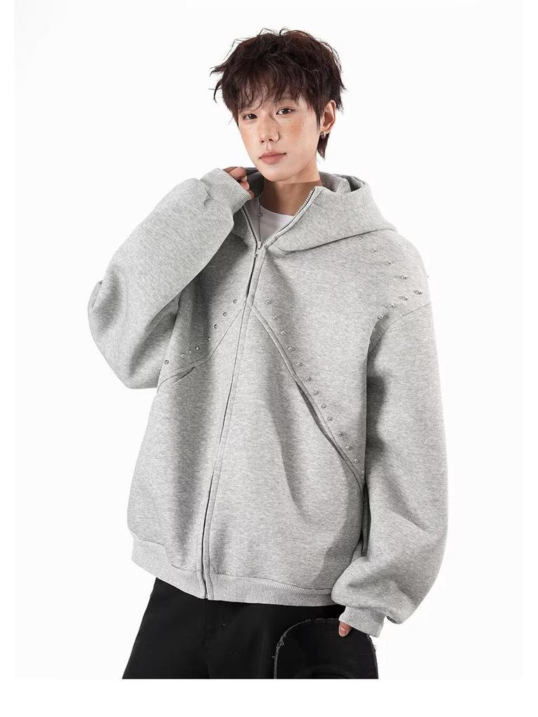 Men's Retro Rivet Hooded Cardigan: Trendy Autumn/Winter Streetwear Zipper Jacket with Plus Velvet