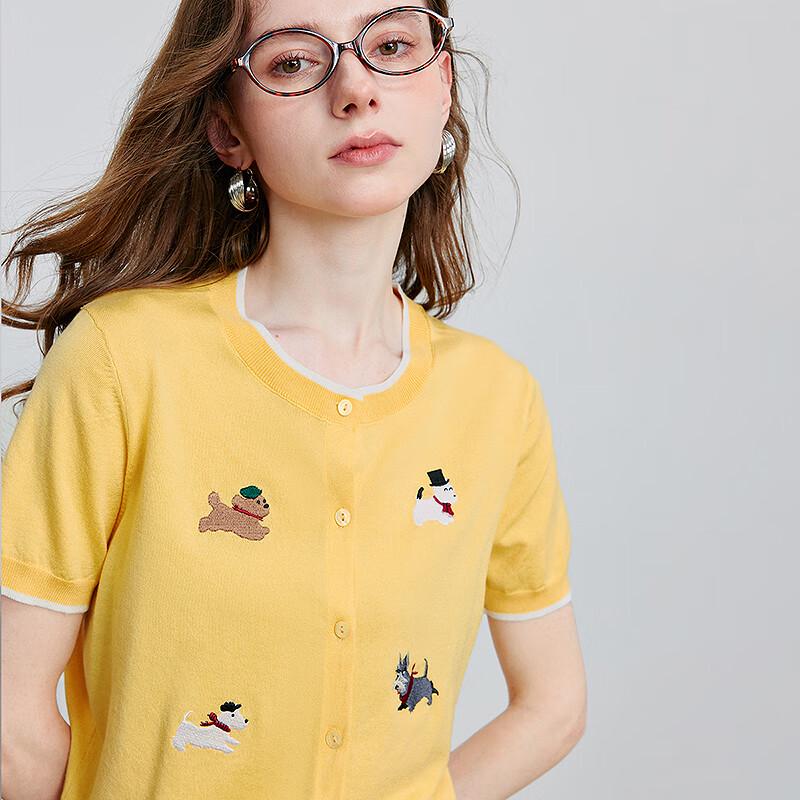 Chuyu Damen Lyocell Hunde-Jacquard Kurzarm-Cardigan