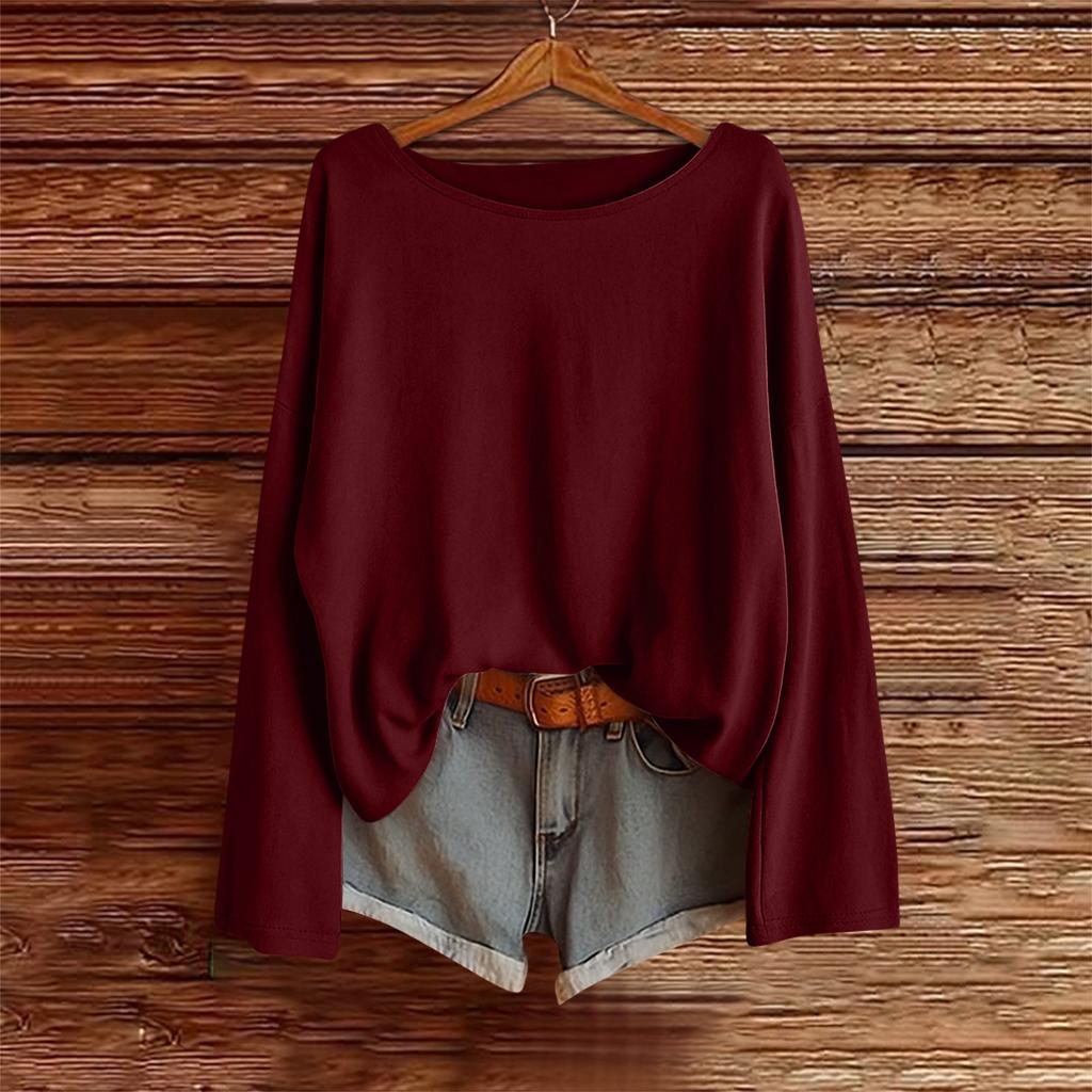 Langarmshirts für Damen Einfarbige T-Shirts Blusen Lässig Übergröße Basic Oberteile Pullover