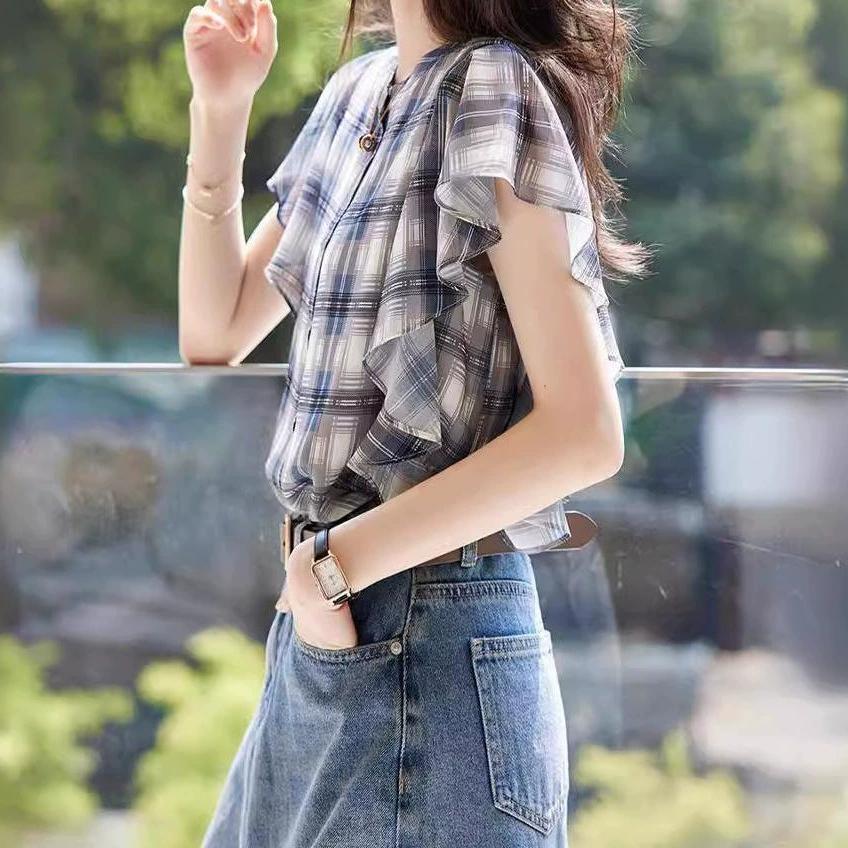 Women's Summer Ruffle Design Sweet Blouse Delicate Checkered Commuter Top