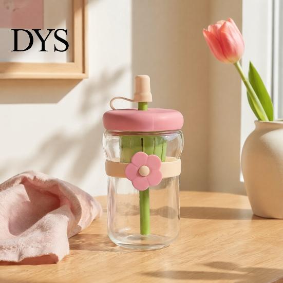 Colorful Borosilicate Glass Tea Cup Straw Cup, with Detachable Filter, Macaron Color Flower Cute Bottle Decor, Portable Heat Resistant Travel Mug, for